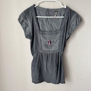 Free People Grey Mineral Wash Boho Rosette Pintuck Lace Trim Blouse Medium